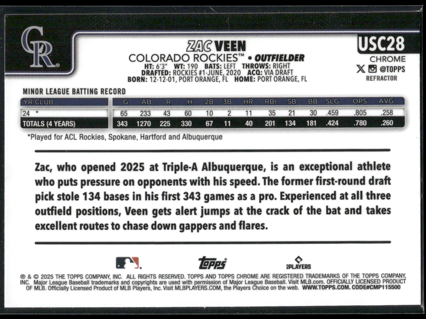 2025 Topps Chrome Update #USC28 Zac Veen RayWave Refractor