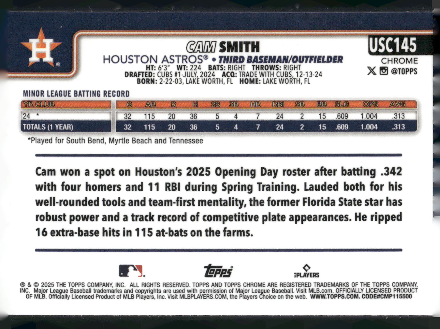 2025 Topps Chrome Update #USC145 Cam Smith RayWave Refractor