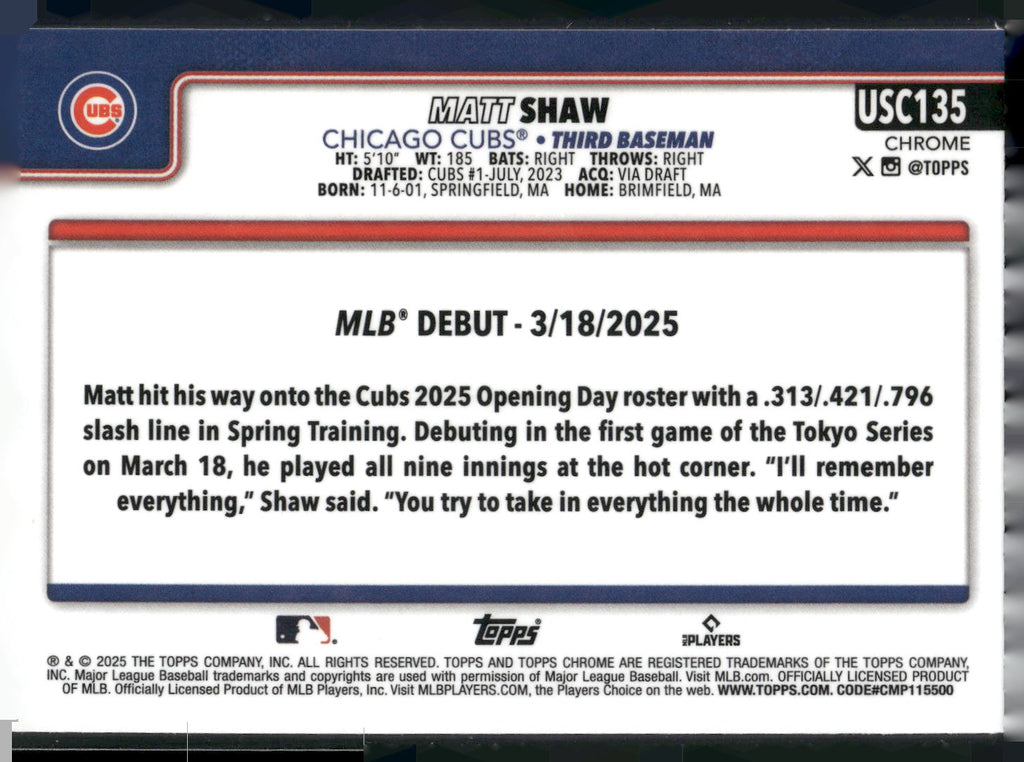 2025 Topps Chrome Update #USC135 Matt Shaw RayWave Refractor