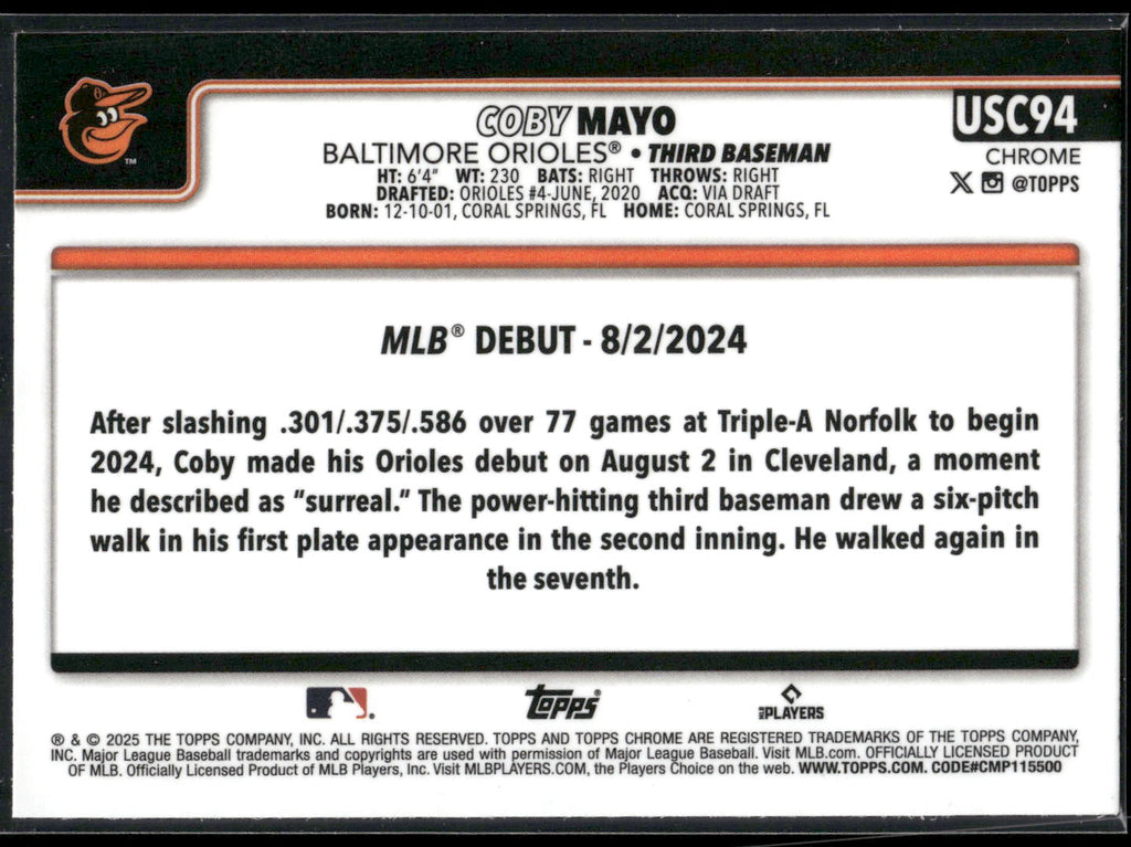 2025 Topps Chrome Update #USC94 Coby Mayo RayWave Refractor