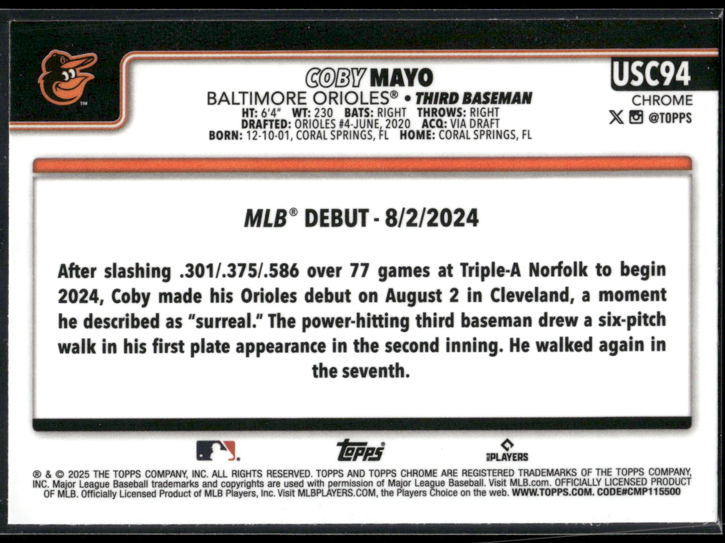 2025 Topps Chrome Update #USC94 Coby Mayo RayWave Refractor