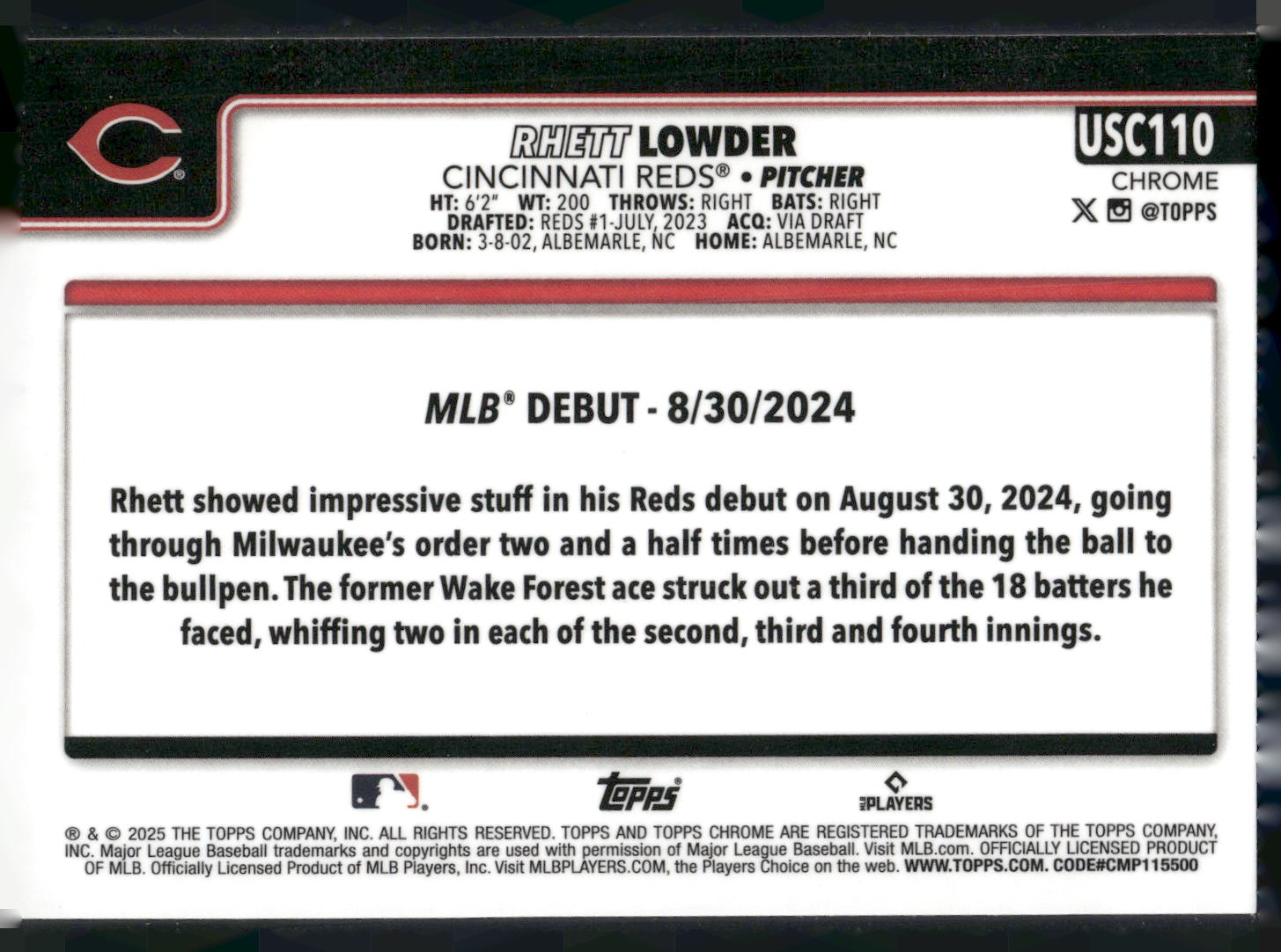 2025 Topps Chrome Update #USC110 Rhett Lowder RayWave Refractor