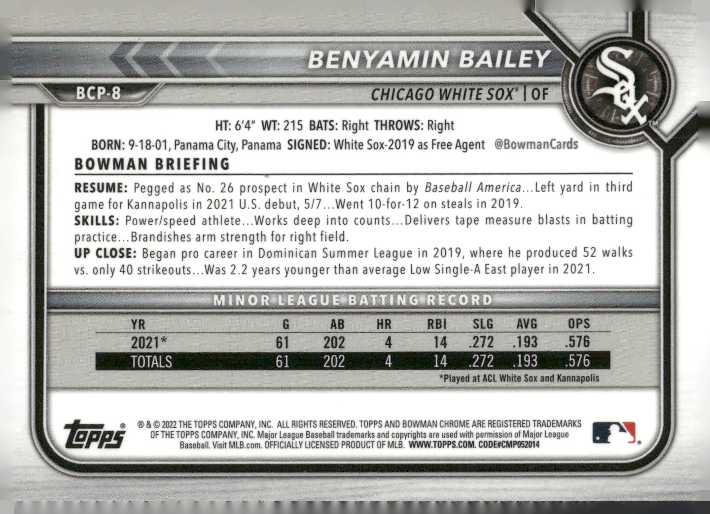 2022 Bowman #BCP-8 Benyamin Bailey Chrome Prospects Mojo Refractors