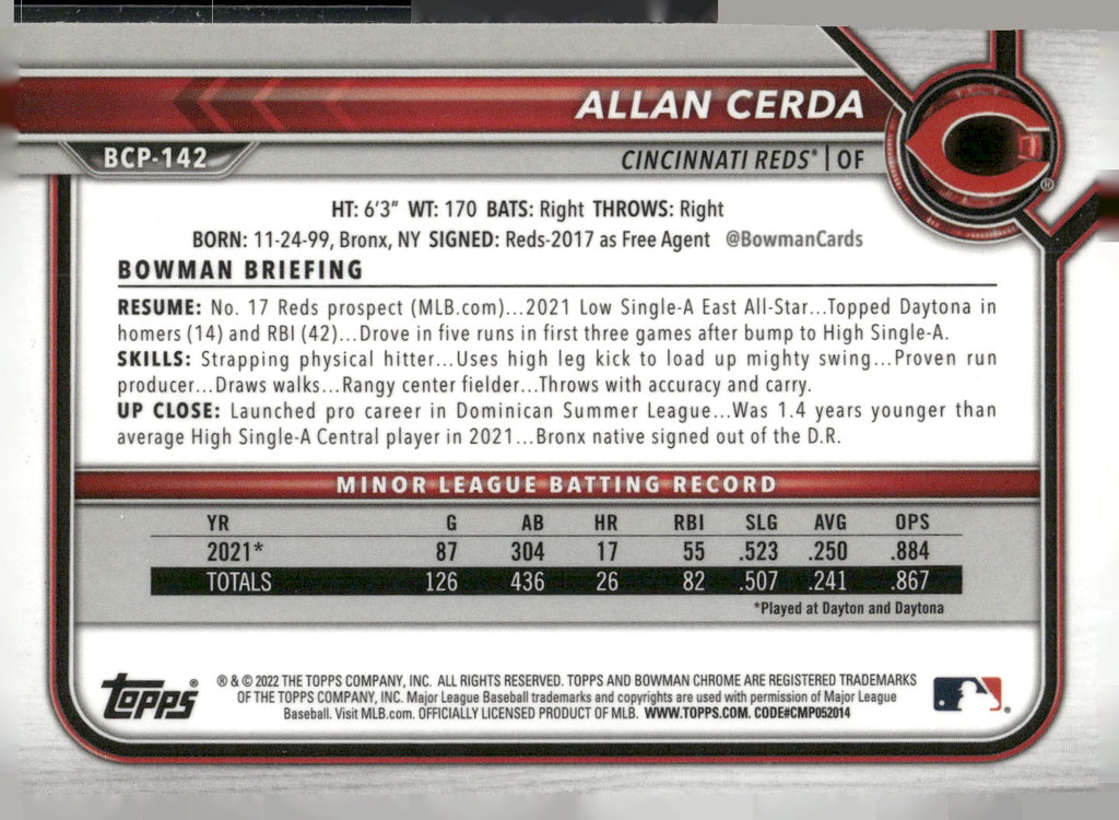 2022 Bowman #BCP-142 Allan Cerda Chrome Prospects Mojo Refractors