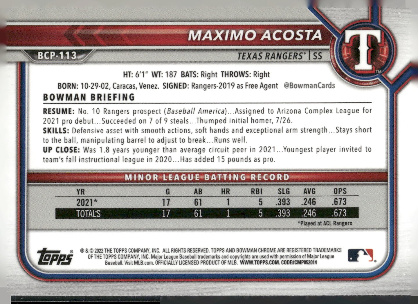 2022 Bowman #BCP-113 Maximo Acosta Chrome Prospects Mojo Refractors