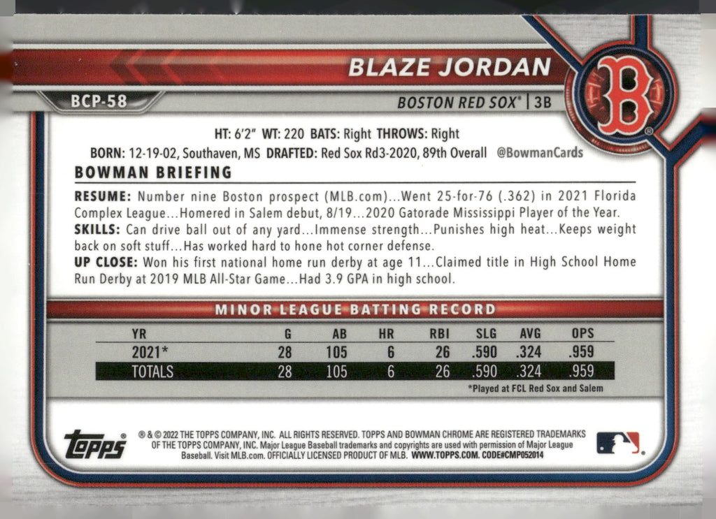 2022 Bowman #BCP-58 Blaze Jordan Chrome Prospects Mojo Refractors