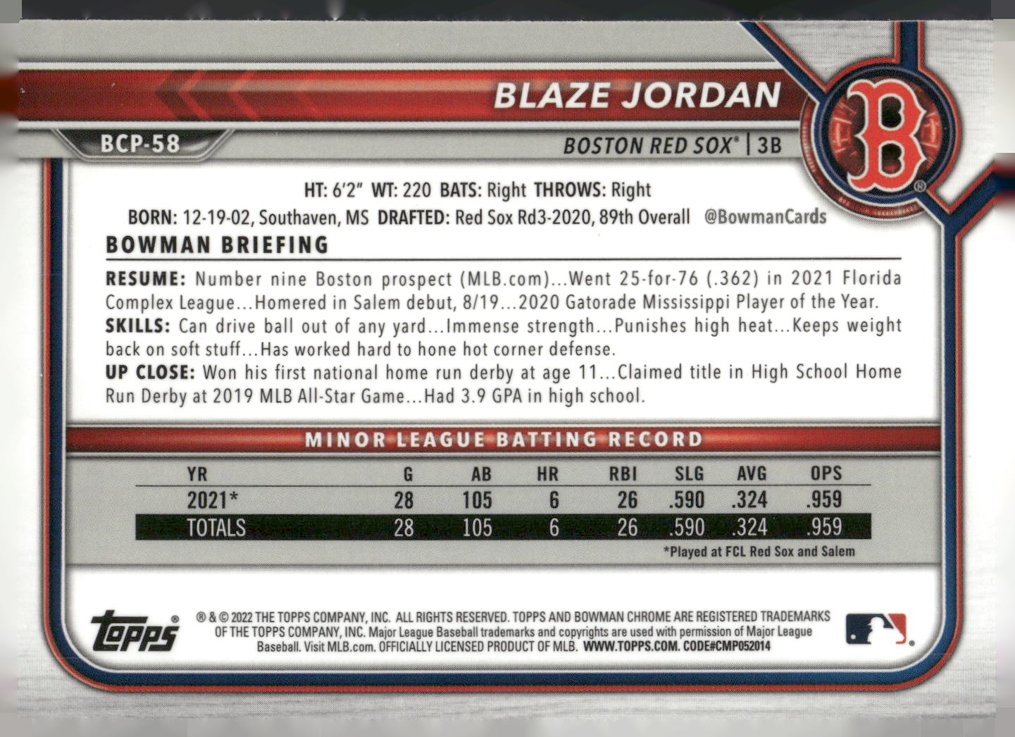 2022 Bowman #BCP-58 Blaze Jordan Chrome Prospects Mojo Refractors