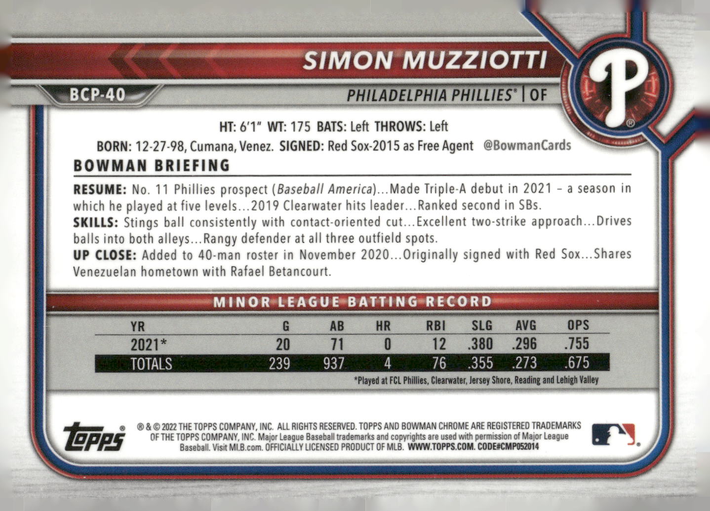 2022 Bowman #BCP-40 Simon Muzziotti Chrome Prospects Mojo Refractors