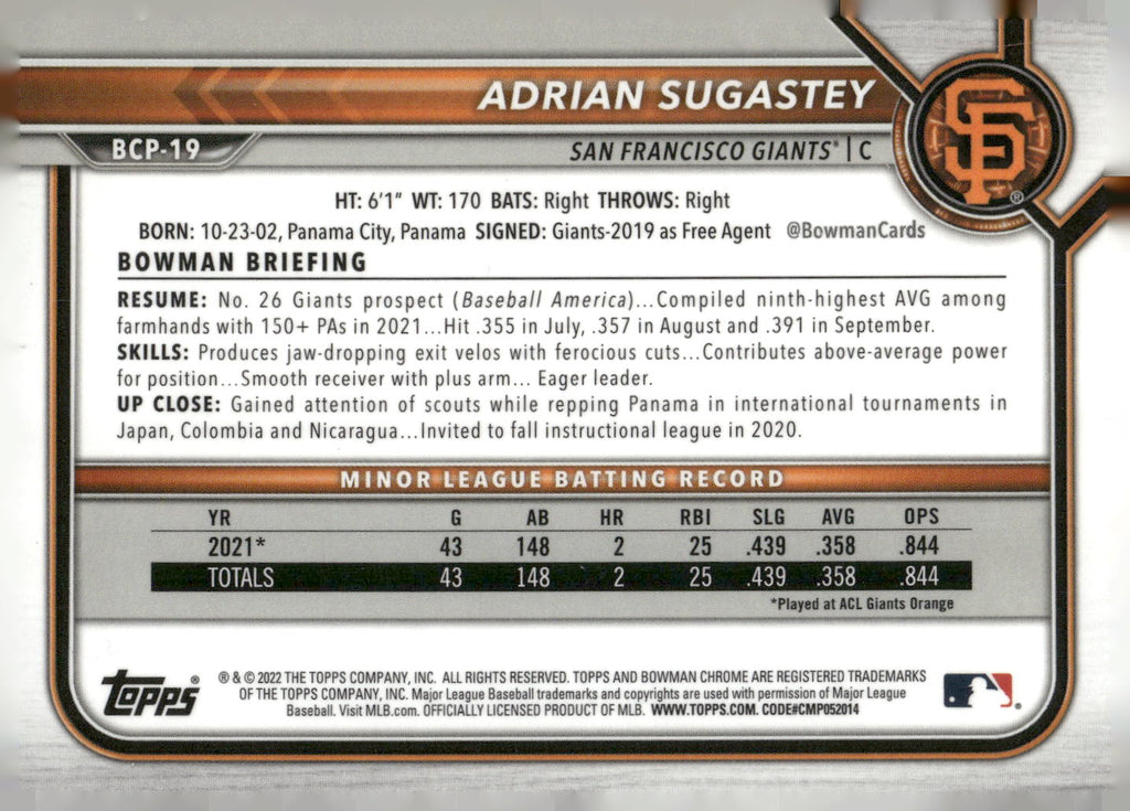 2022 Bowman #BCP-19 Adrian Sugastey Chrome Prospects Mojo Refractors
