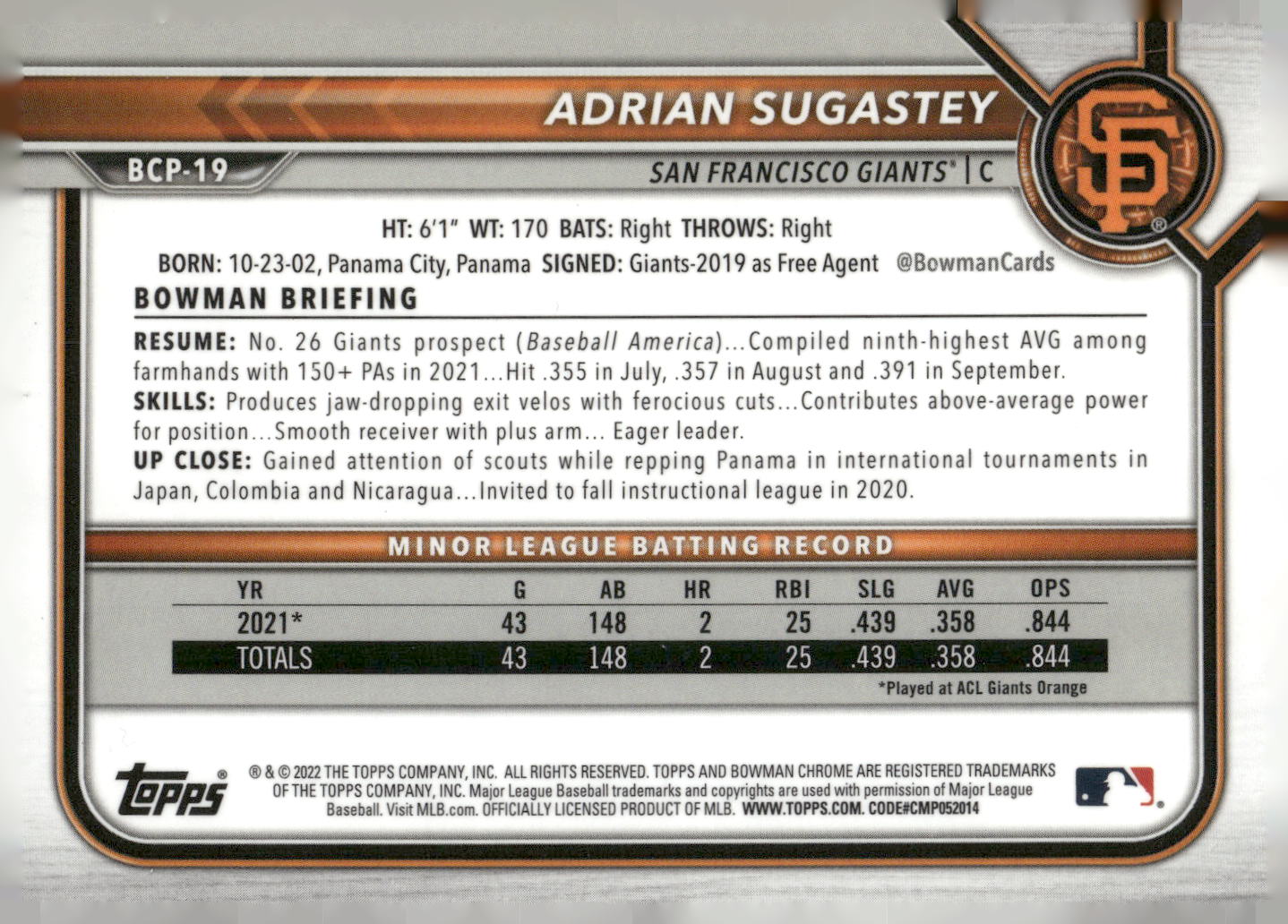 2022 Bowman #BCP-19 Adrian Sugastey Chrome Prospects Mojo Refractors