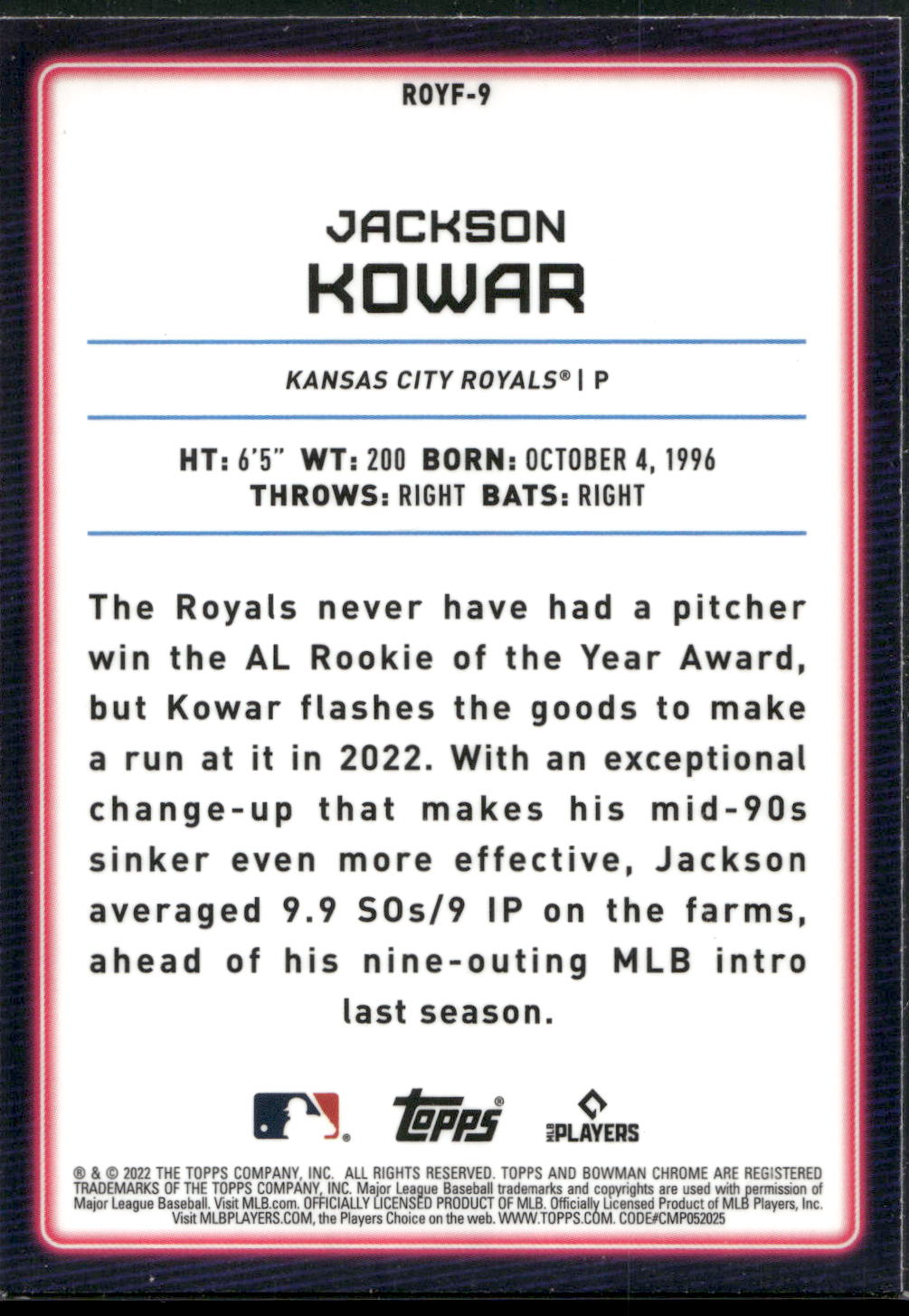 2022 Bowman #ROYF-9 Jackson Kowar Rookie of the Year Favorites Mojo Refractors