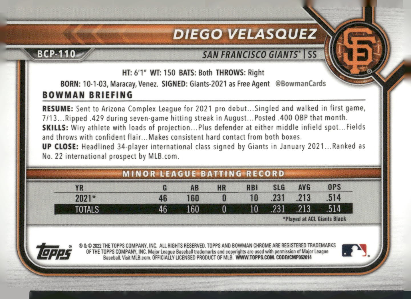 2022 Bowman #BCP-110 Diego Velasquez Chrome Prospects Mojo Refractors