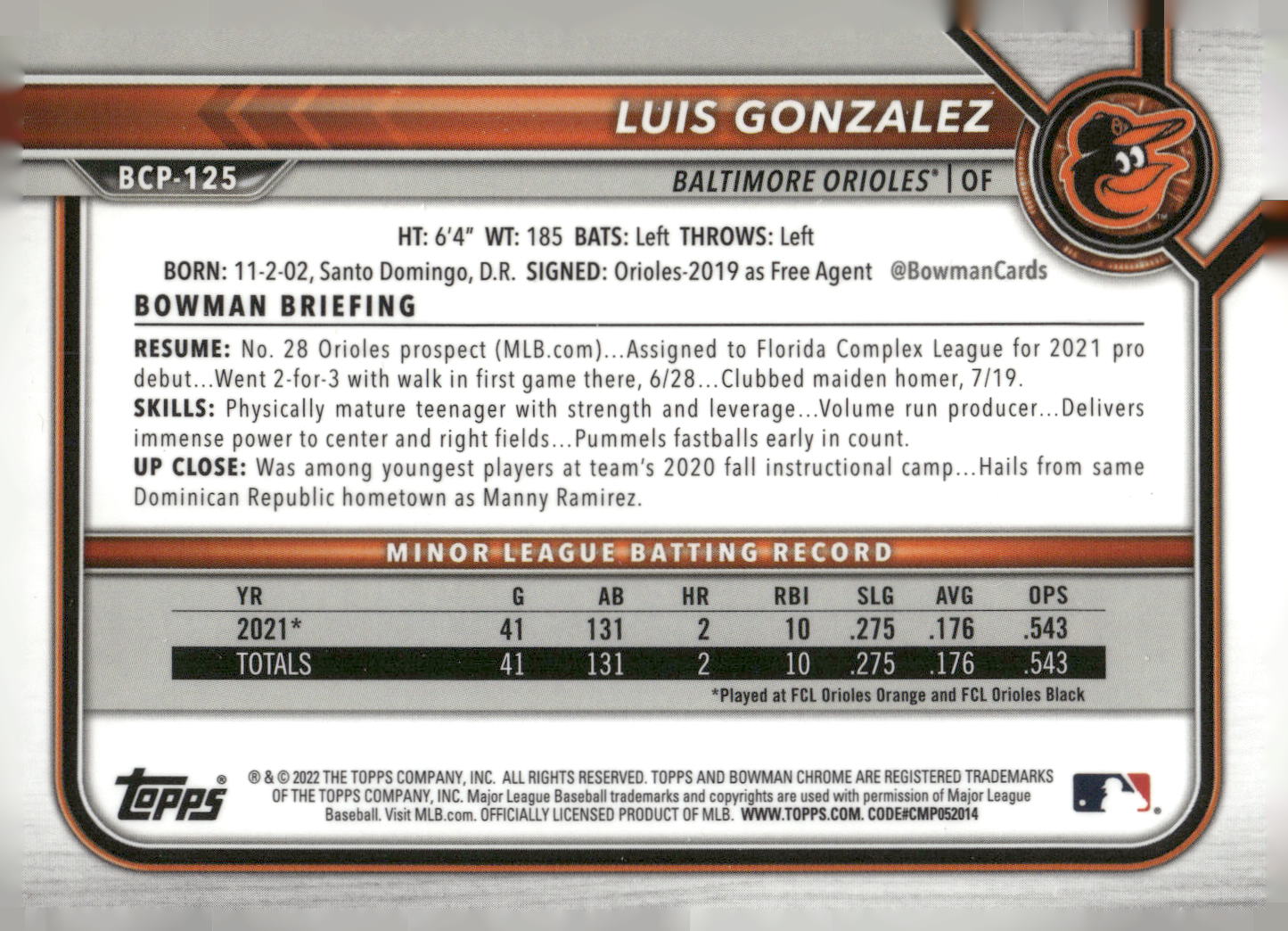 2022 Bowman #BCP-125 Luis Gonzalez Chrome Prospects Mojo Refractors