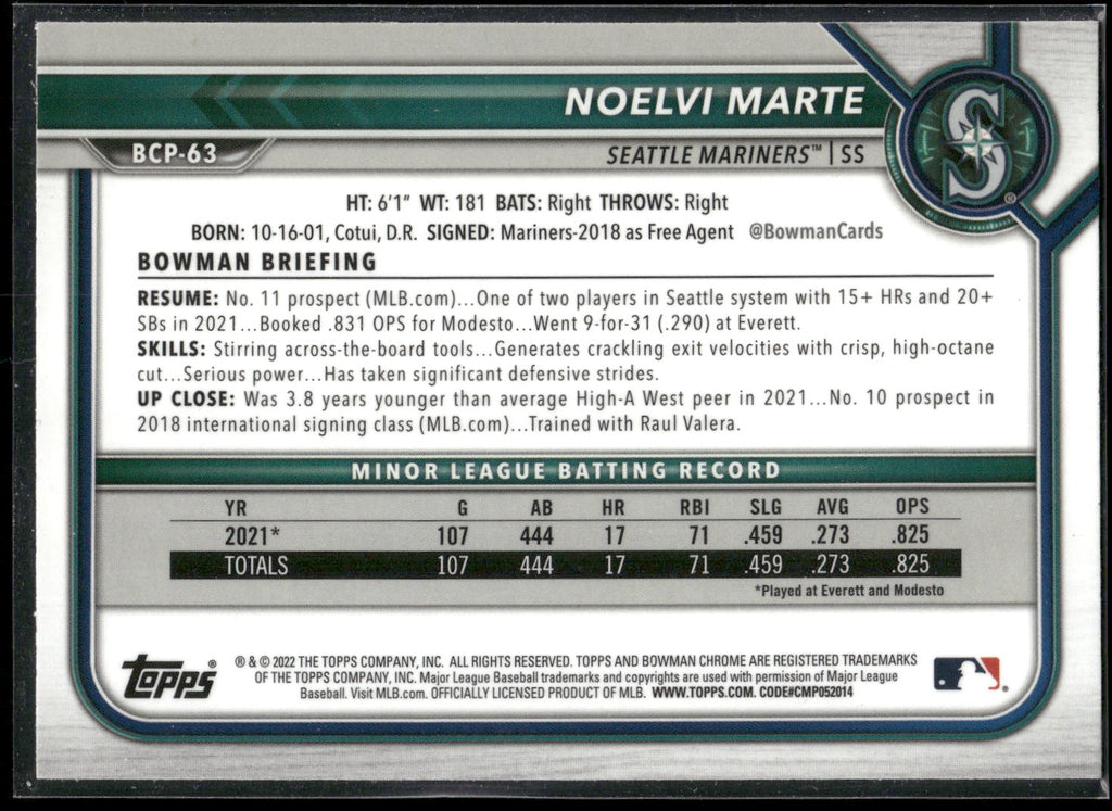 2022 Bowman #BCP-63 Noelvi Marte Chrome Prospects Mojo Refractors
