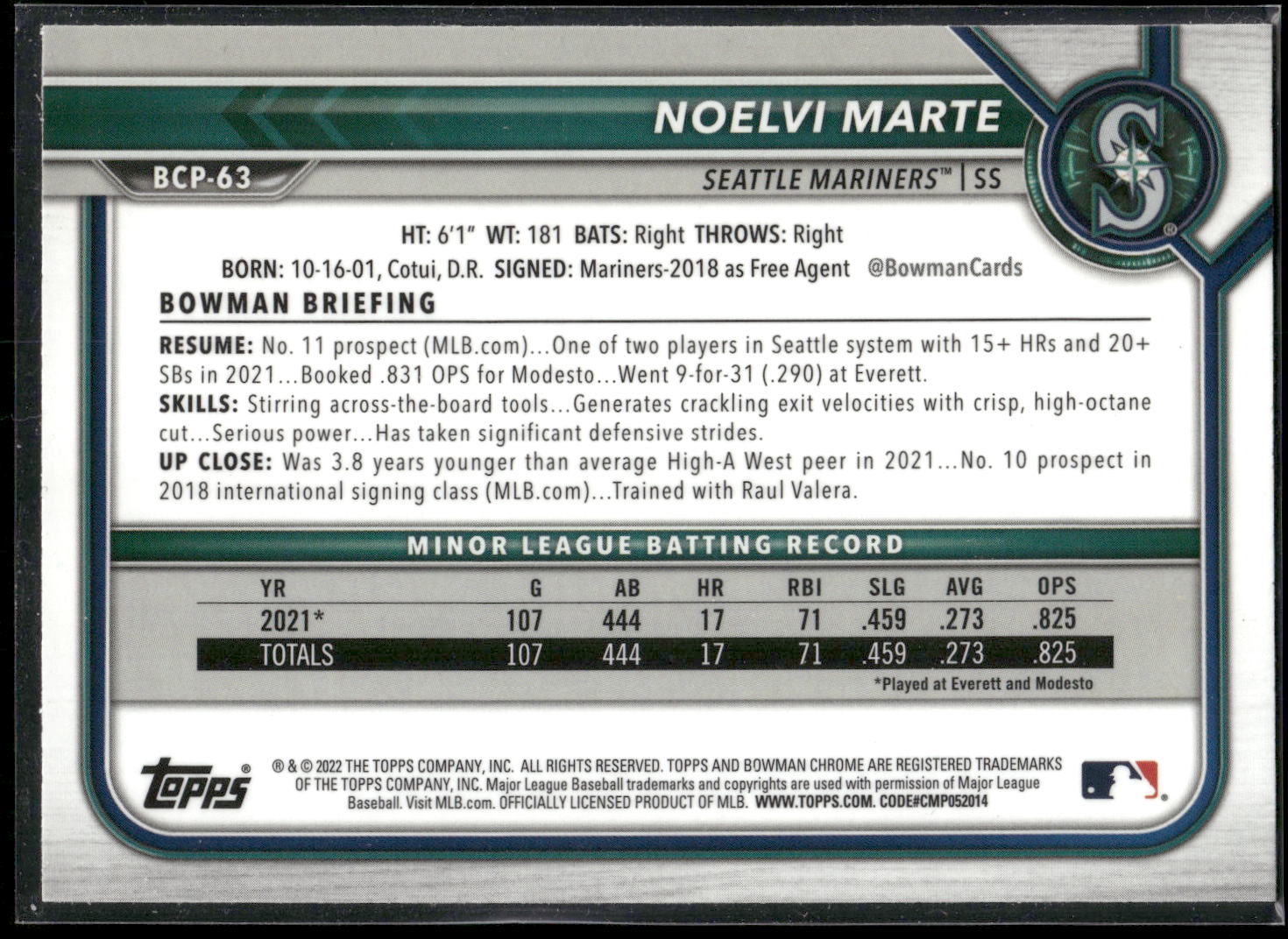 2022 Bowman #BCP-63 Noelvi Marte Chrome Prospects Mojo Refractors