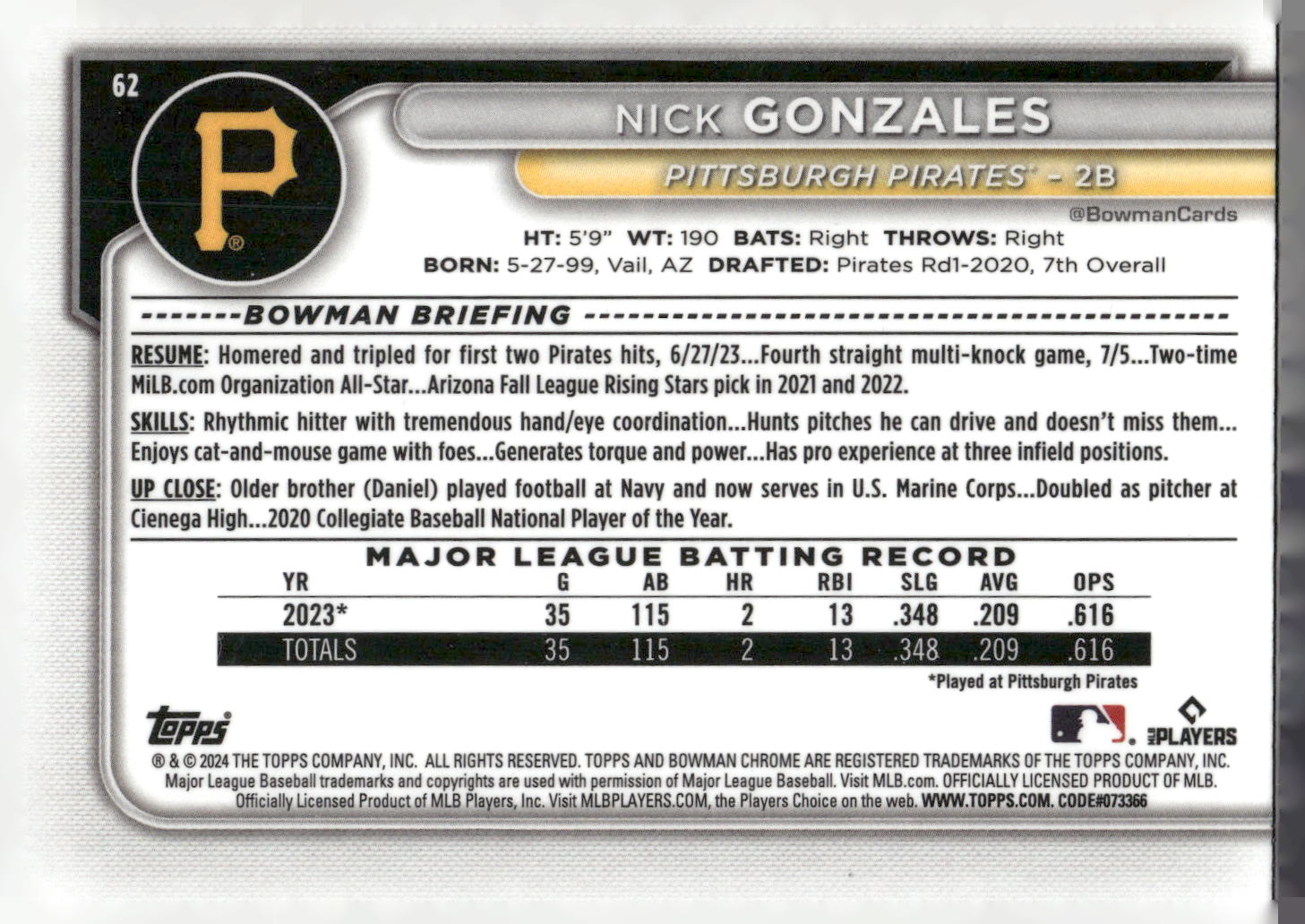 2024 Bowman #62 Nick Gonzales Chrome Mojo Refractors