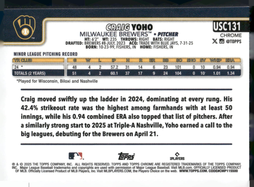 2025 Topps Chrome Update #USC131 Craig Yoho X-Fractors