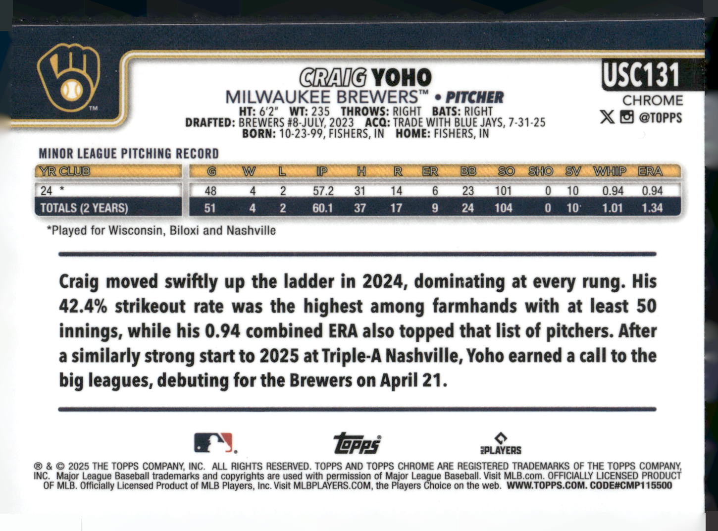 2025 Topps Chrome Update #USC131 Craig Yoho X-Fractors