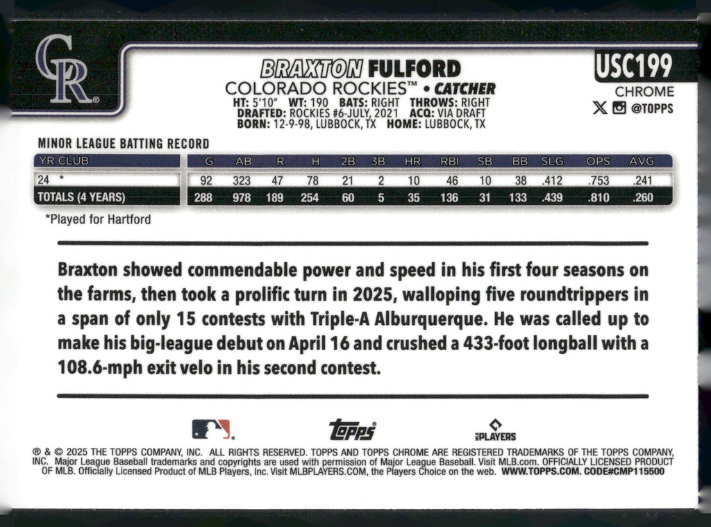 2025 Topps Chrome Update #USC199 Braxton Fulford X-Fractors
