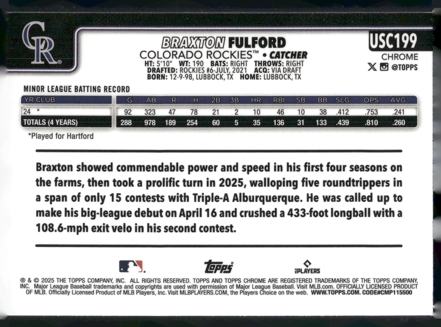 2025 Topps Chrome Update #USC199 Braxton Fulford X-Fractors
