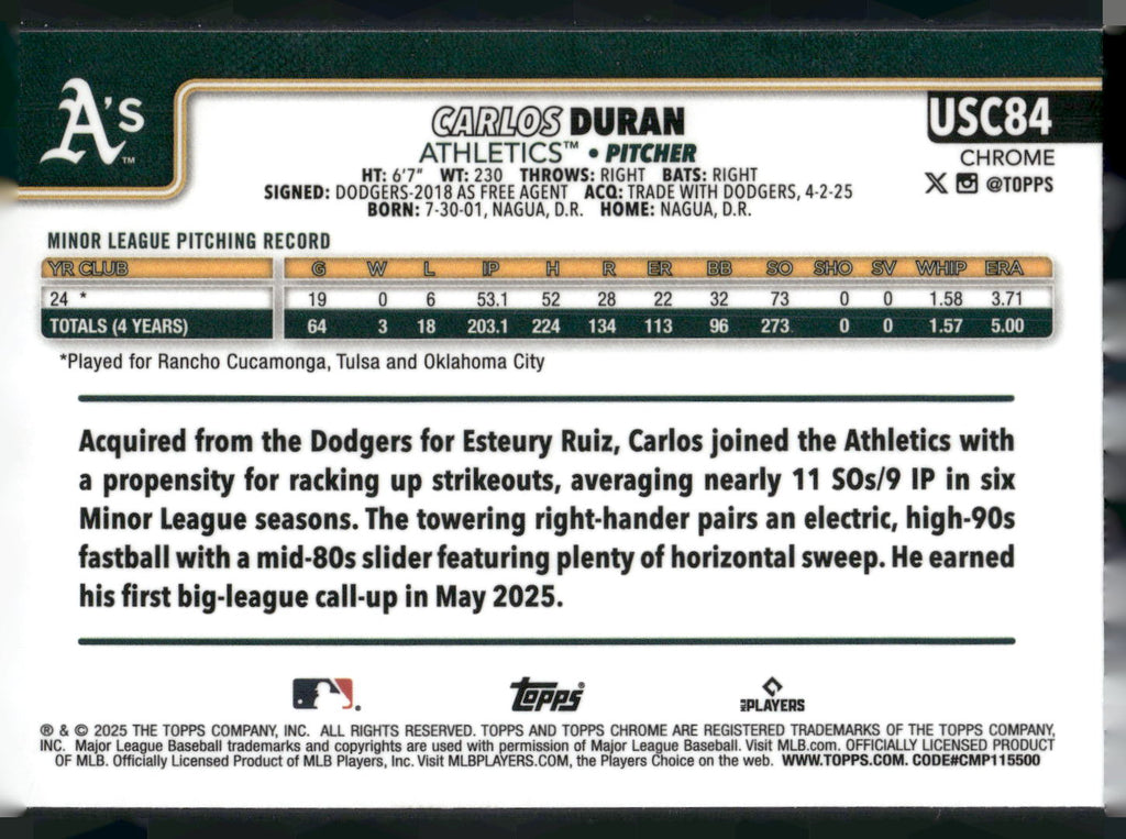 2025 Topps Chrome Update #USC84 Carlos Duran X-Fractors