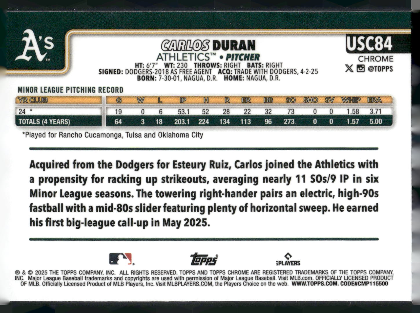 2025 Topps Chrome Update #USC84 Carlos Duran X-Fractors