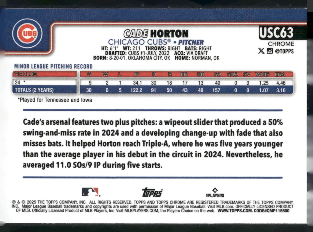 2025 Topps Chrome Update #USC63 Cade Horton X-Fractors