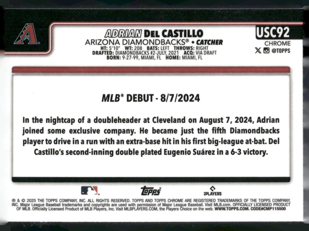 2025 Topps Chrome Update #USC92 Adrian Del Castillo X-Fractors