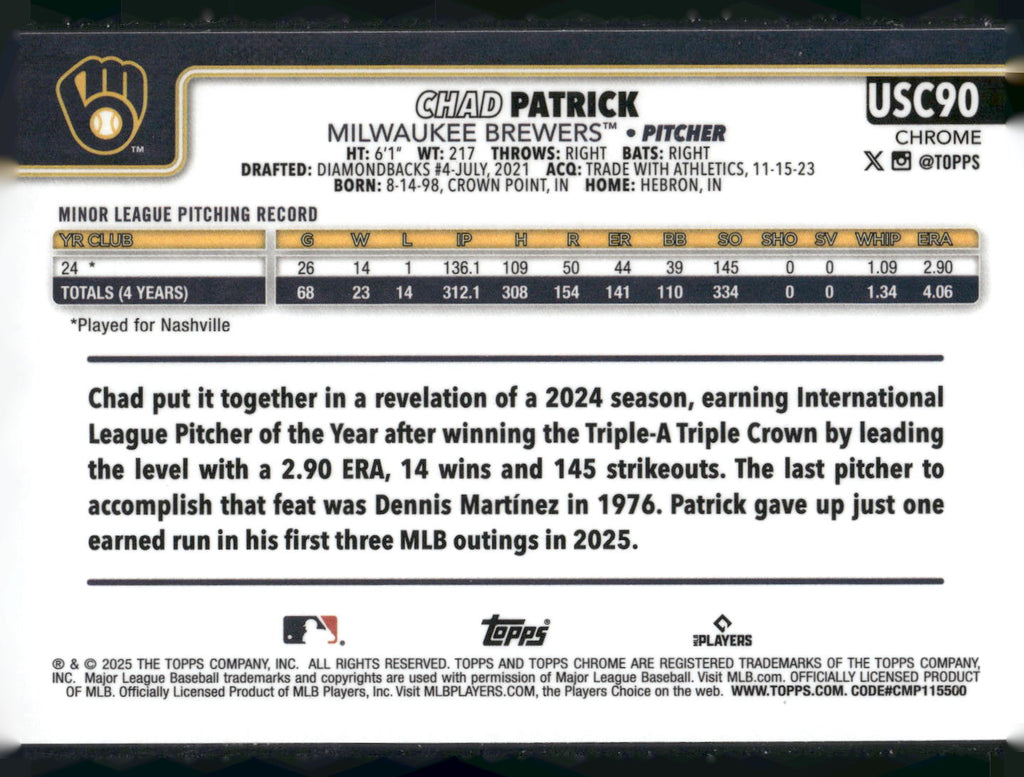 2025 Topps Chrome Update #USC90 Chad Patrick X-Fractors