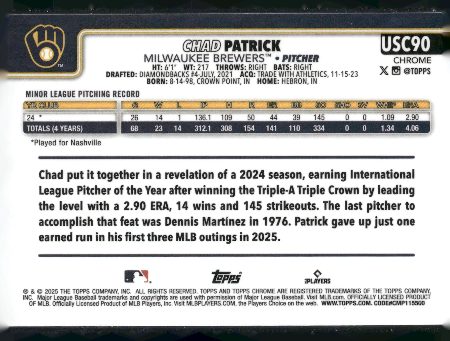 2025 Topps Chrome Update #USC90 Chad Patrick X-Fractors