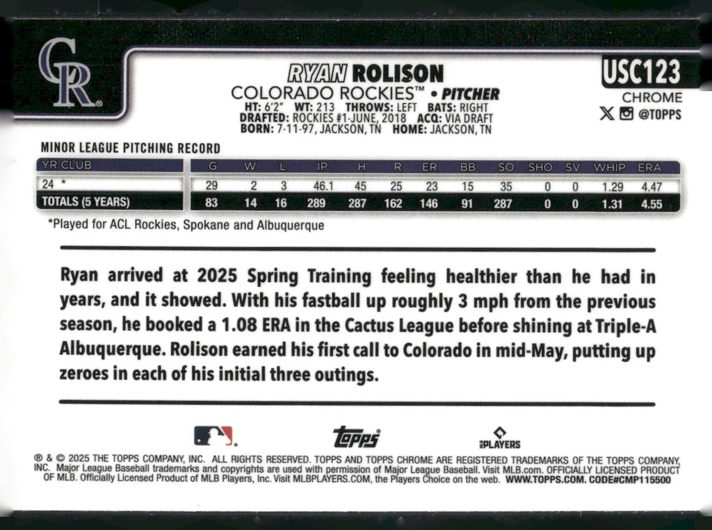 2025 Topps Chrome Update #USC123 Ryan Rolison X-Fractors