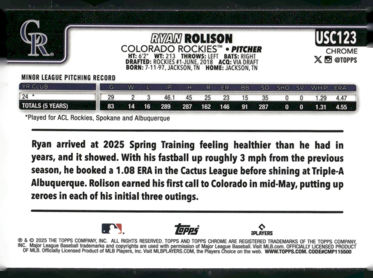 2025 Topps Chrome Update #USC123 Ryan Rolison X-Fractors