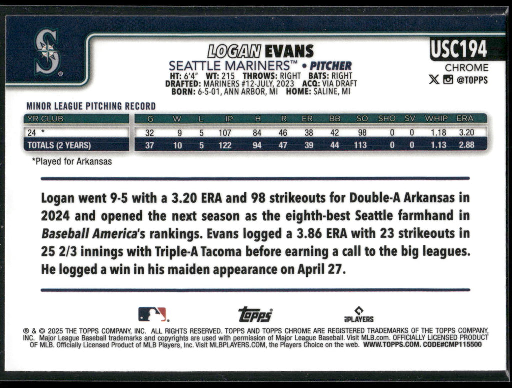 2025 Topps Chrome Update #USC194 Logan Evans X-Fractors