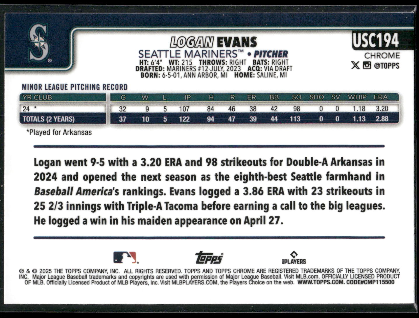 2025 Topps Chrome Update #USC194 Logan Evans X-Fractors
