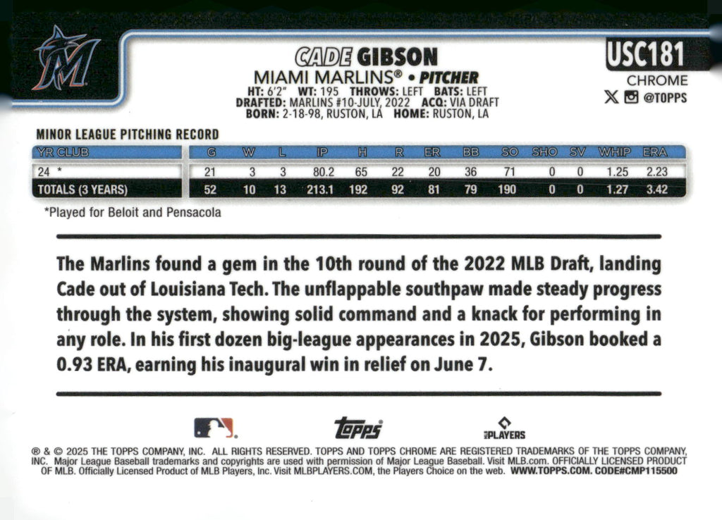 2025 Topps Chrome Update #USC181 Cade Gibson X-Fractors