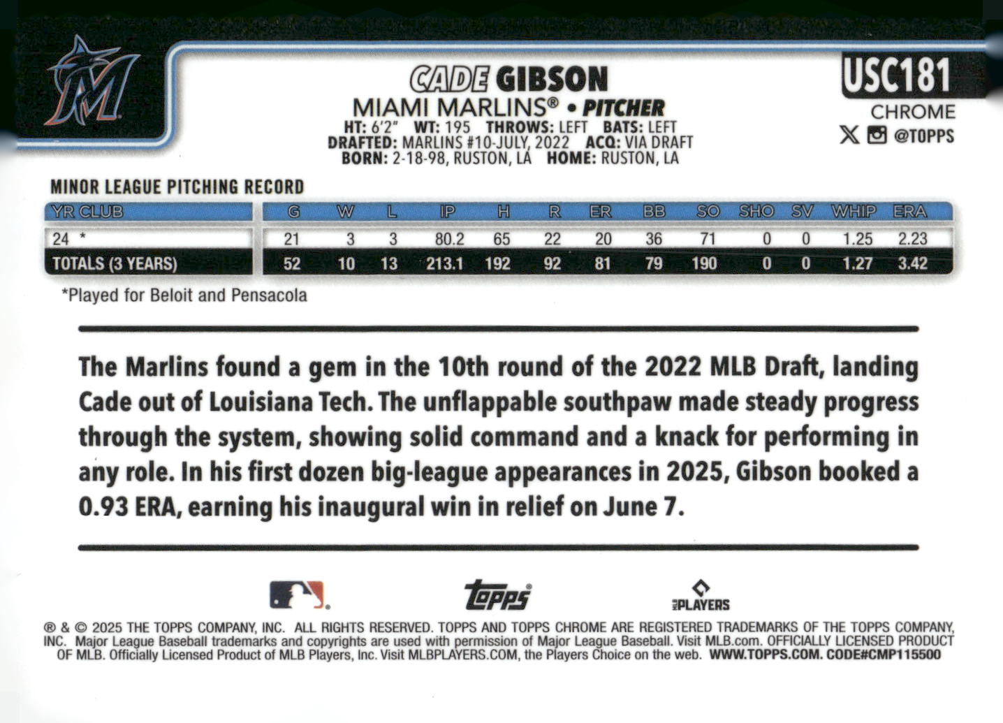 2025 Topps Chrome Update #USC181 Cade Gibson X-Fractors