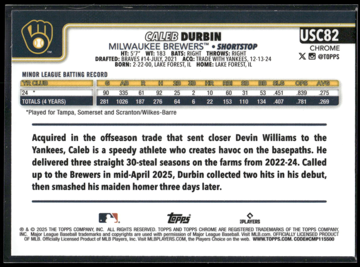 2025 Topps Chrome Update #USC82 Caleb Durbin X-Fractors