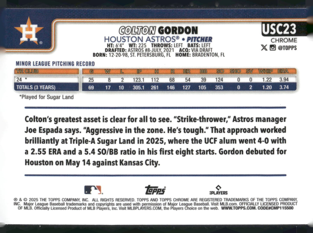 2025 Topps Chrome Update #USC23 Colton Gordon X-Fractors