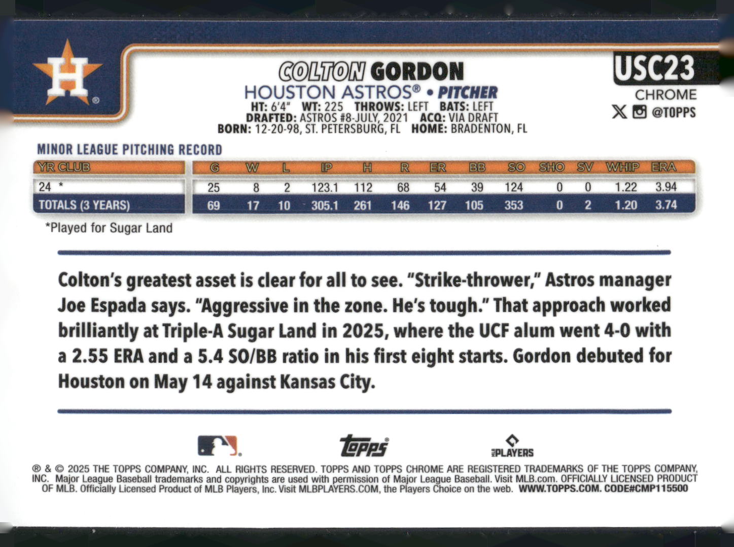 2025 Topps Chrome Update #USC23 Colton Gordon X-Fractors
