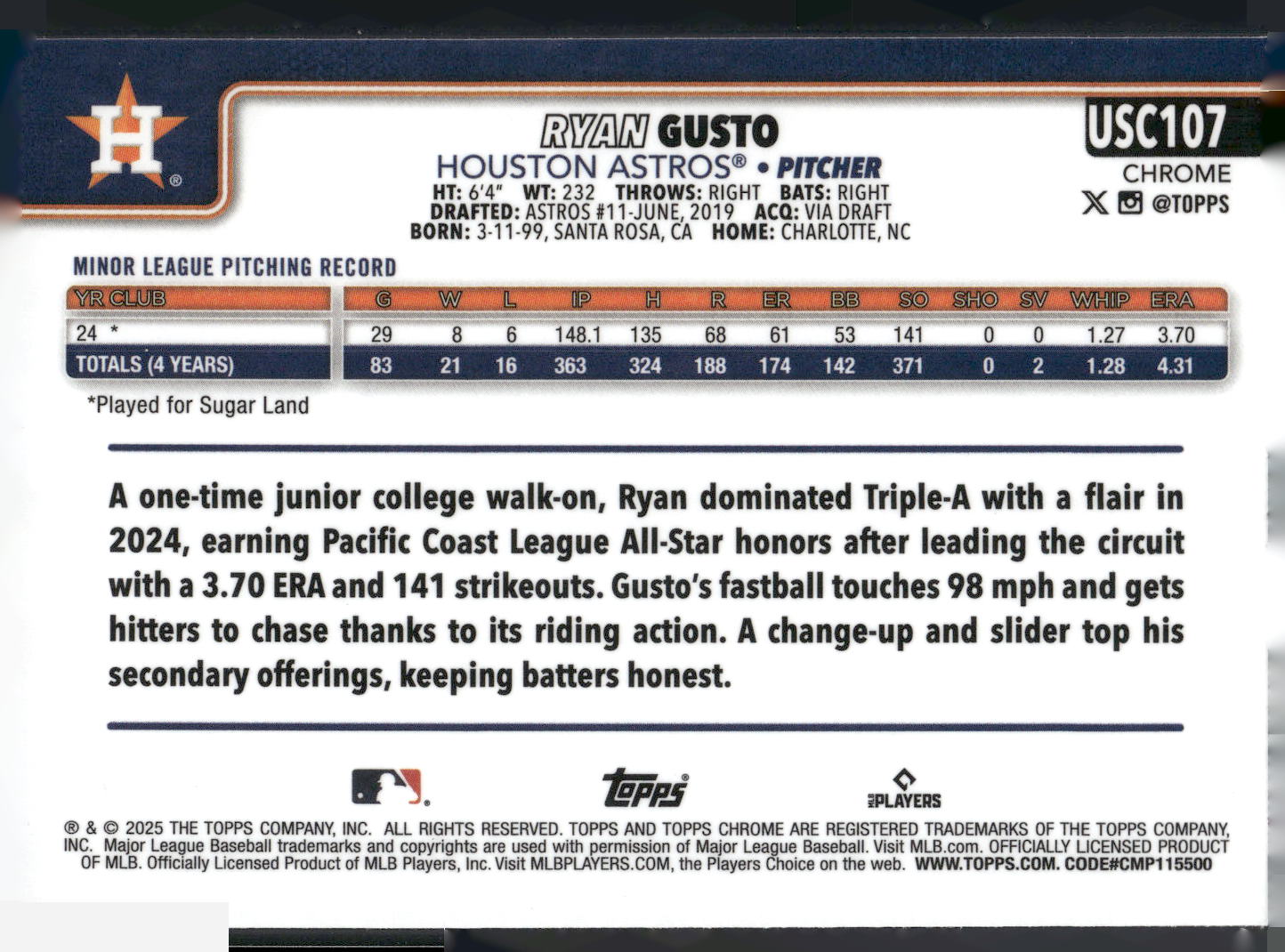 2025 Topps Chrome Update #USC107 Ryan Gusto X-Fractors