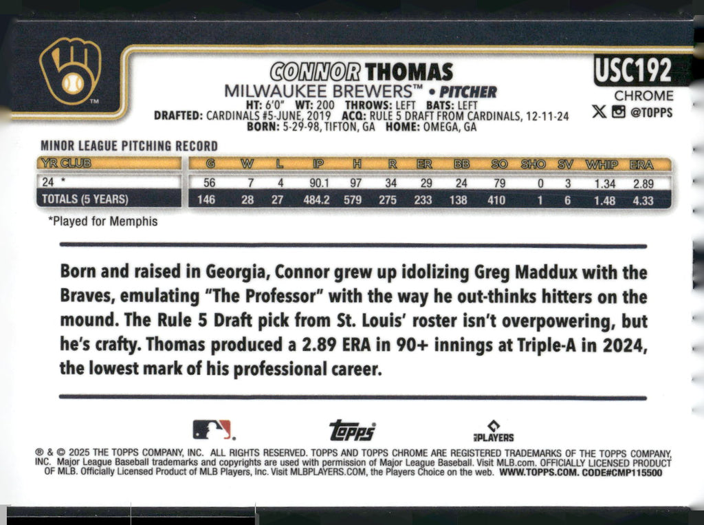 2025 Topps Chrome Update #USC192 Connor Thomas X-Fractors