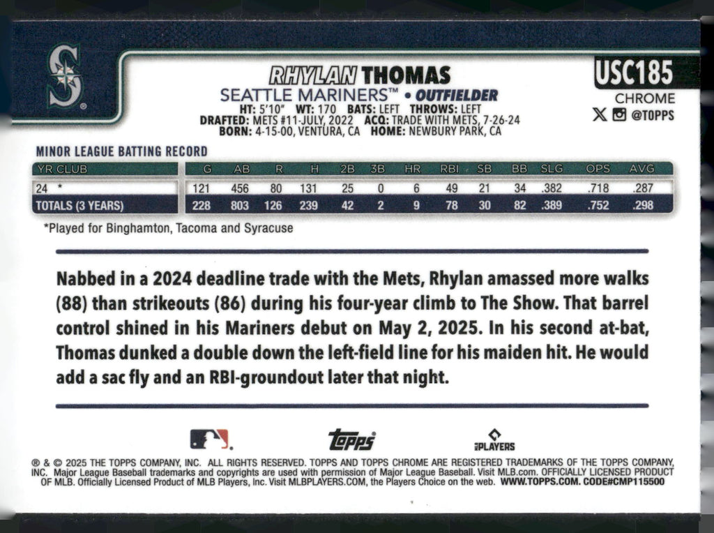 2025 Topps Chrome Update #USC185 Rhylan Thomas X-Fractors