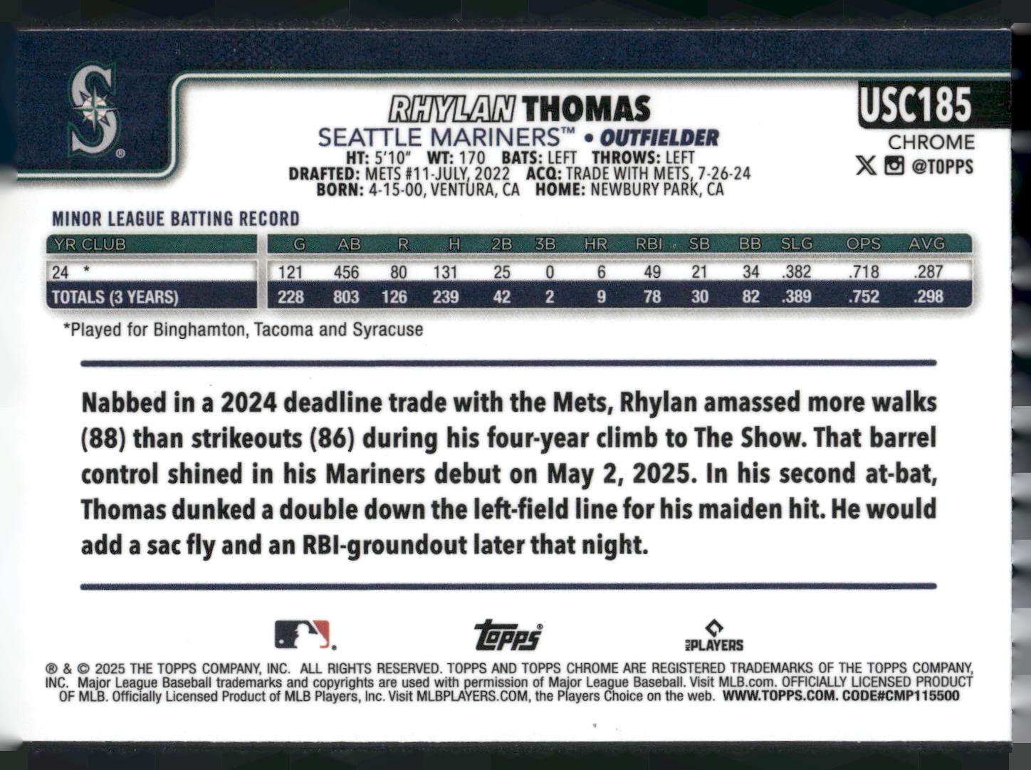 2025 Topps Chrome Update #USC185 Rhylan Thomas X-Fractors