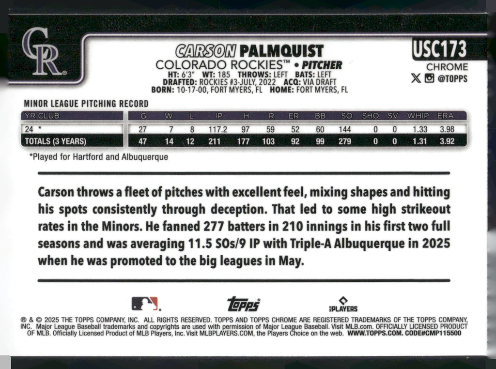 2025 Topps Chrome Update #USC173 Carson Palmquist X-Fractors