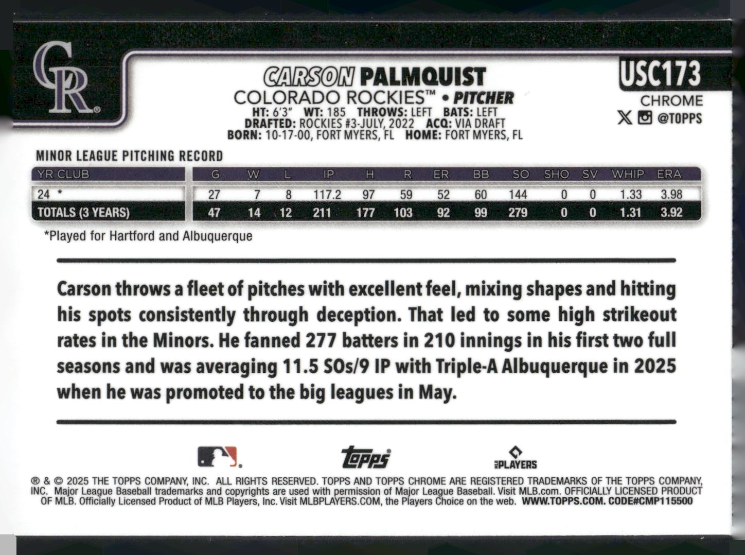 2025 Topps Chrome Update #USC173 Carson Palmquist X-Fractors