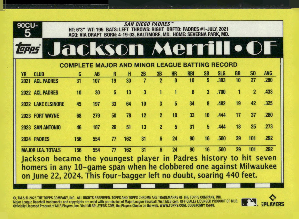 2025 Topps Chrome Update #90CU-5 Jackson Merrill 1990 Topps Chrome