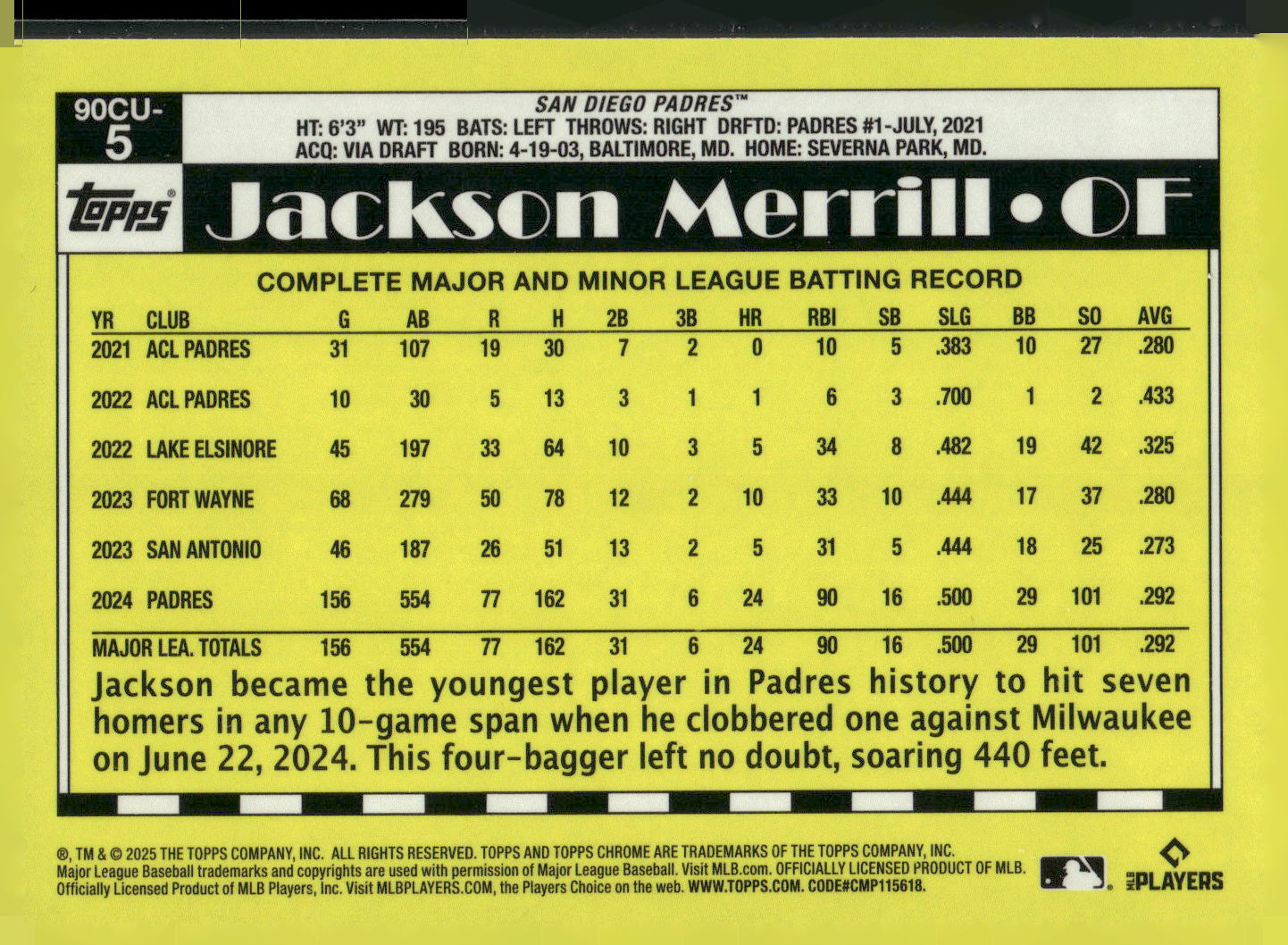 2025 Topps Chrome Update #90CU-5 Jackson Merrill 1990 Topps Chrome