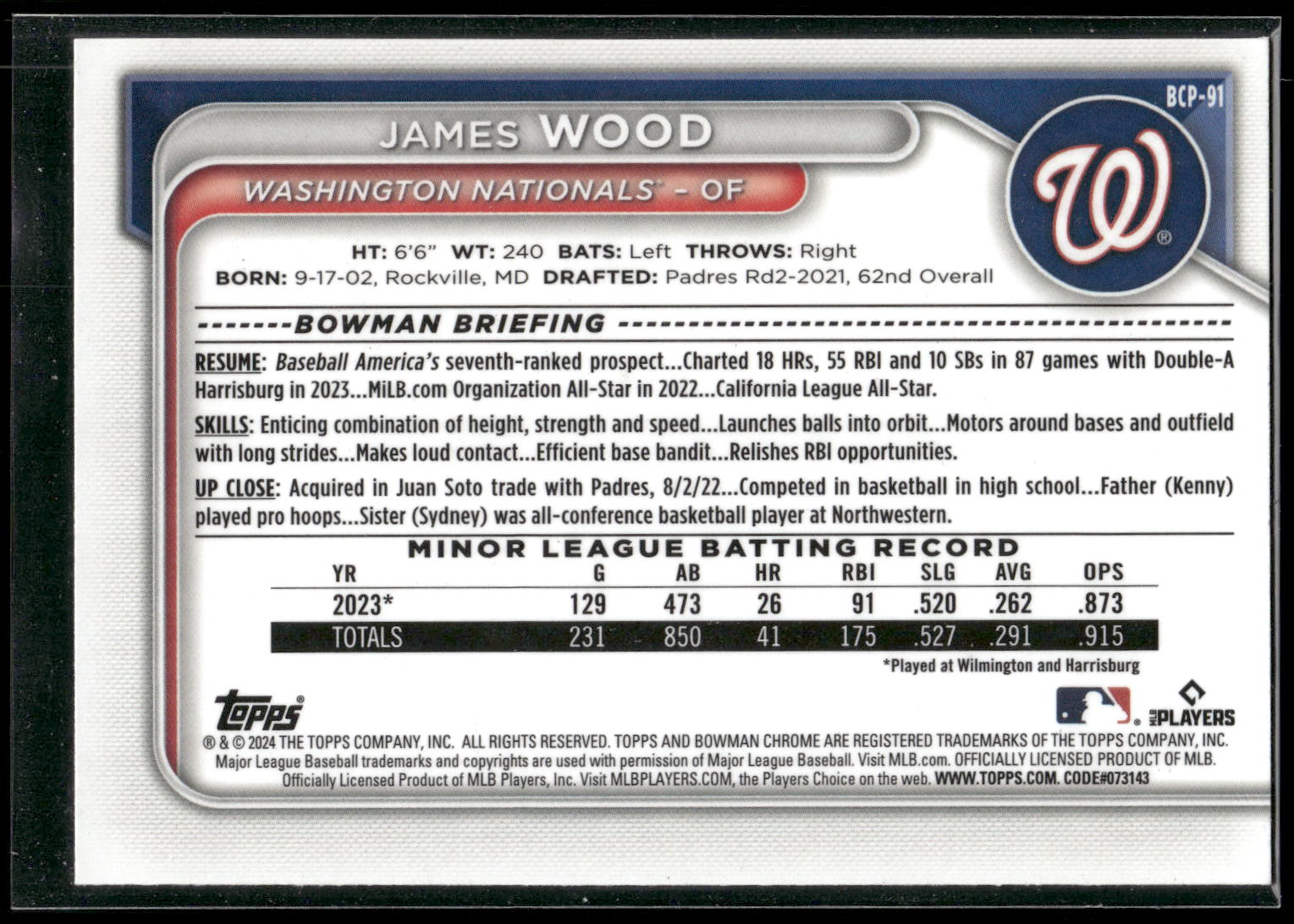 2024 Bowman #BCP-91 James Wood Chrome Prospects