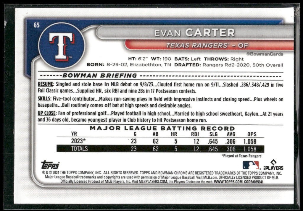 2024 Bowman Chrome #65 Evan Carter