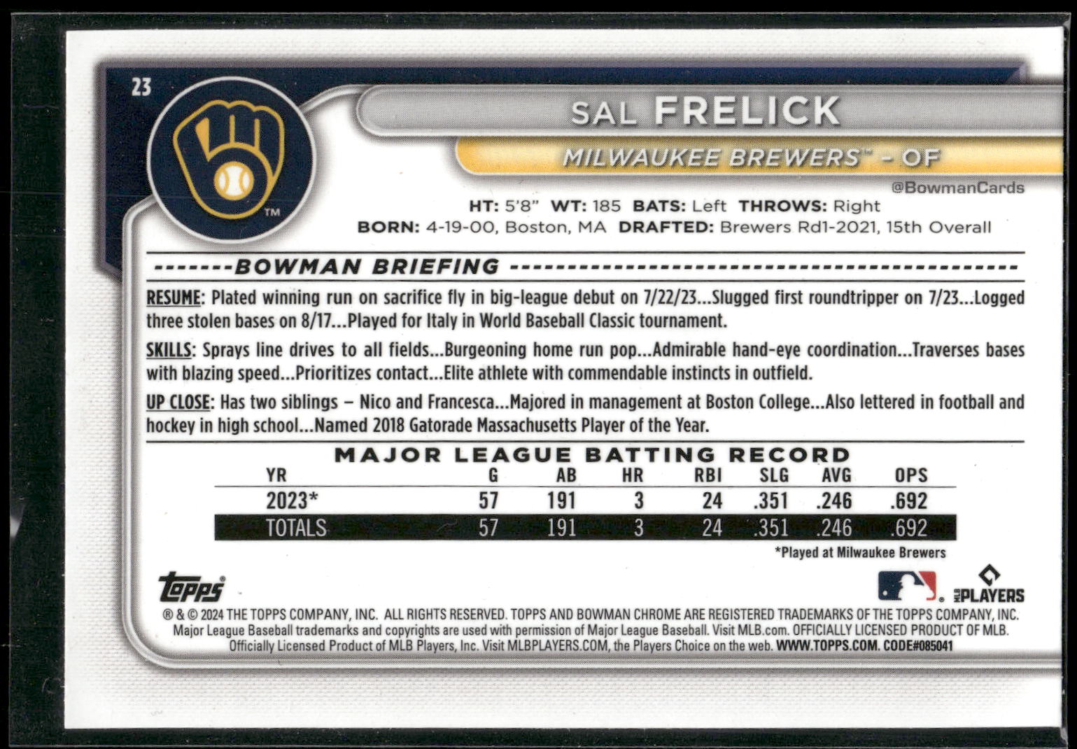 2024 Bowman Chrome #23 Sal Frelick